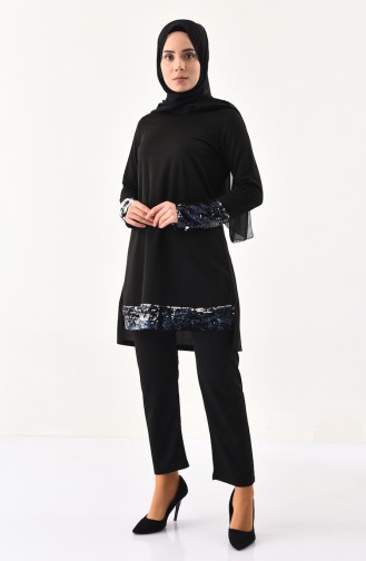 Payetli Tunik Pantolon İkili Takım 9055-01 Siyah
