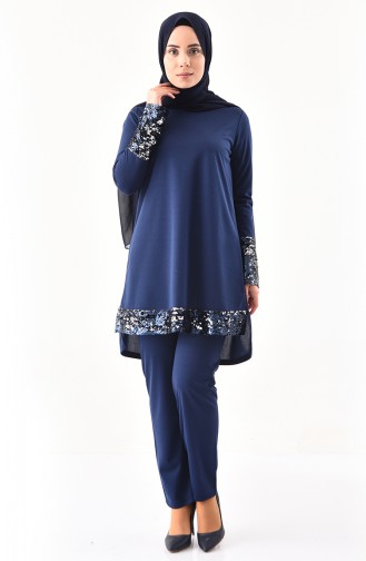 Sequined Tunic Pants Binary Suit  9055-02 Navy Blue 9055-02