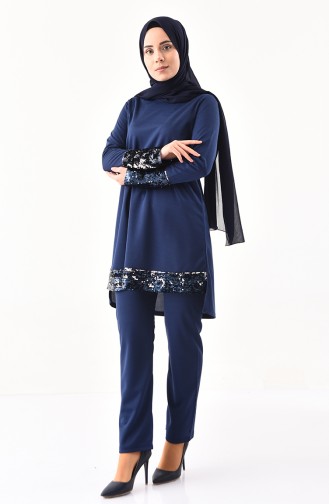 Sequined Tunic Pants Binary Suit  9055-02 Navy Blue 9055-02