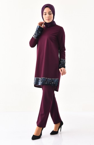 Sequined Tunic Pants Binary Suit 9055-03 Mor 9055-03