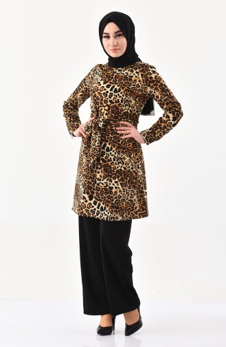 Leopar Desenli Tunik Pantolon İkili Takım 8330-01 Kahverengi 8330-01