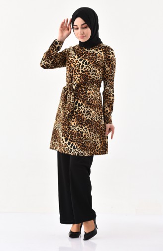 Leopar Desenli Tunik Pantolon İkili Takım 8330-01 Kahverengi 8330-01