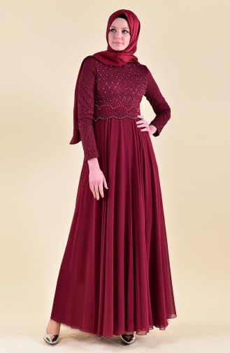 Claret Red Hijab Evening Dress 8951-02