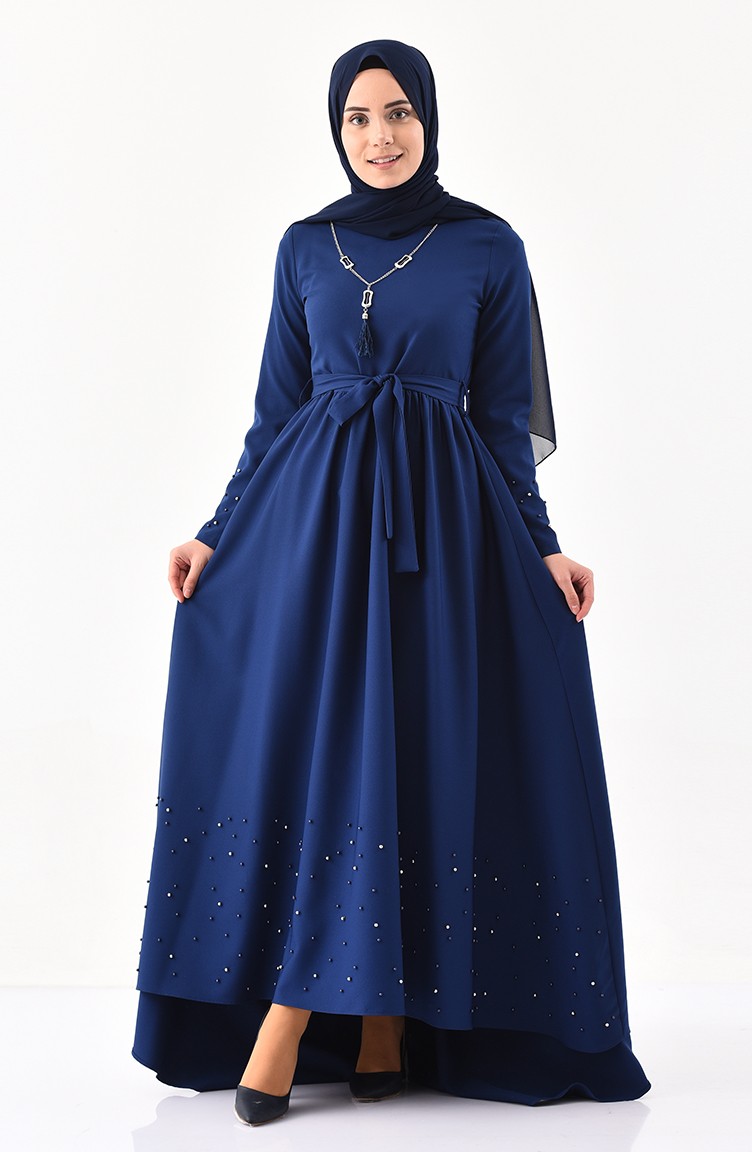 Navy blue dress sales with pearl necklace