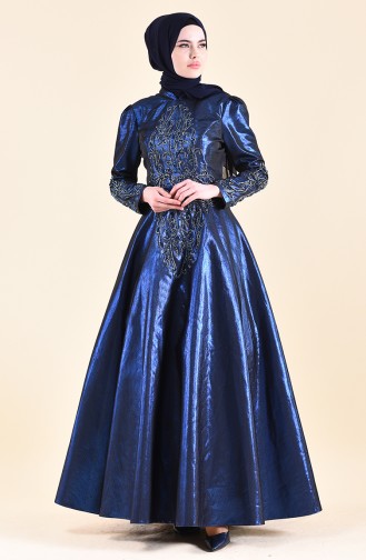 Robe de Soirée Taffetas Bordée de Perles 0019-01 Bleu Roi 0019-01