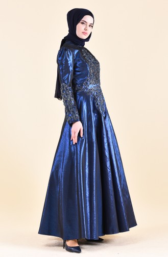 Robe de Soirée Taffetas Bordée de Perles 0019-01 Bleu Roi 0019-01