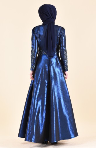 Robe de Soirée Taffetas Bordée de Perles 0019-01 Bleu Roi 0019-01