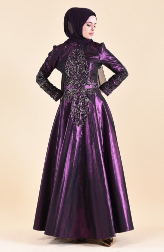 Beading Embroidered Taffeta Evening Dress 0019-02 Purple 0019-02