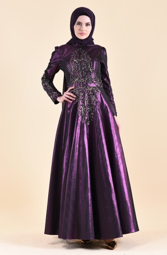 Beading Embroidered Taffeta Evening Dress 0019-02 Purple 0019-02