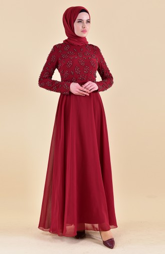 فستان سهرة بتفاصيل من اللؤلؤ 8501-06 لون خمري 8501-06
