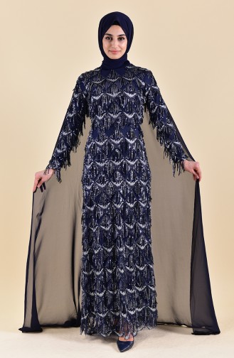 Navy Blue Hijab Evening Dress 4113-01