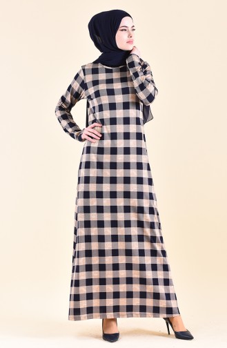 فستان كاجوال بتصميم مُطبع 99182-01 لون كحلي وبيج 99182-01