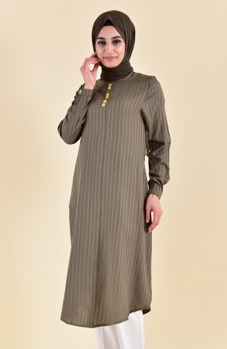 Düğme Detaylı Viskon Tunik 0367-03 Haki Yeşil