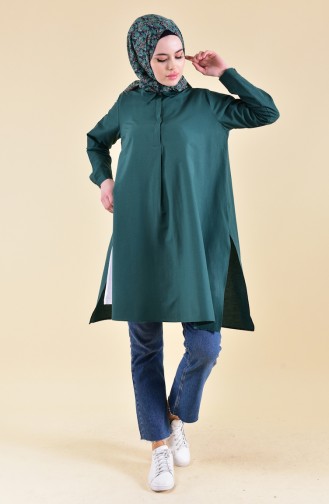 Gizli Düğmeli Yırtmaçlı Tunik 6478-05 Zümrüt Yeşili