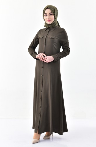 Abaya a Boutons Détail Poches 4110-01 Khaki 4110-01