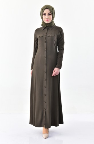 Abaya a Boutons Détail Poches 4110-01 Khaki 4110-01