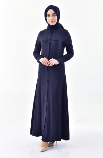 Abaya a Boutons Détail Poches 4110-03 Bleu Marine 4110-03