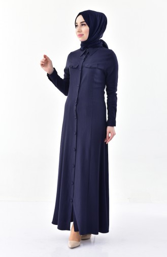 Abaya a Boutons Détail Poches 4110-03 Bleu Marine 4110-03