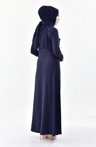 Abaya a Boutons Détail Poches 4110-03 Bleu Marine 4110-03