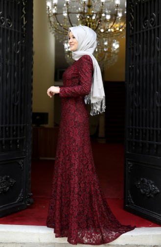 Lace V-neck Evening Dress 3206-01 Bordeaux 3206-01