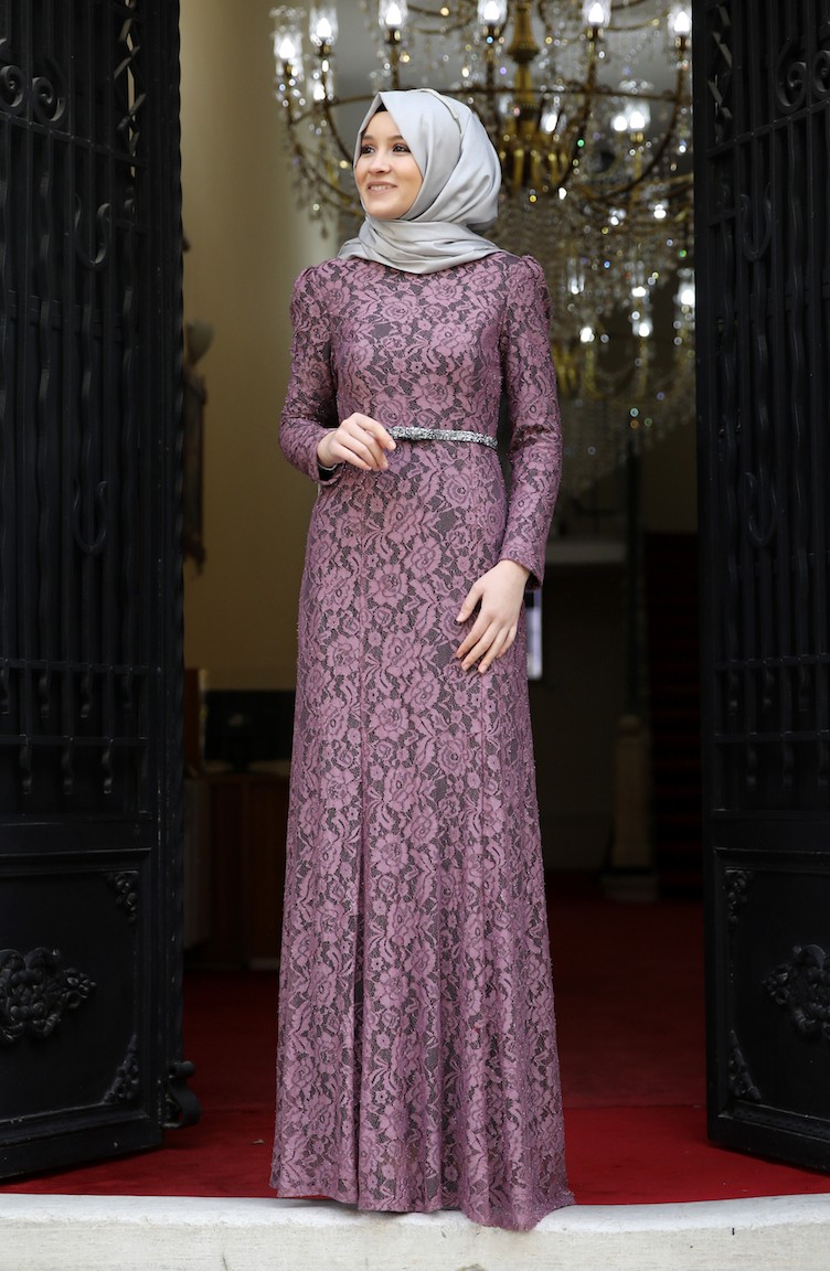 Dusty Rose Hijab Evening Dress 3206-02