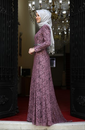 Dusty Rose Hijab Evening Dress 3206-02