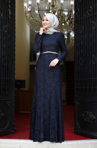 Lace Overlay Evening Dress 3206-03 Navy Blue 3206-03