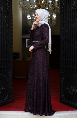 Purple Hijab Evening Dress 3206-04