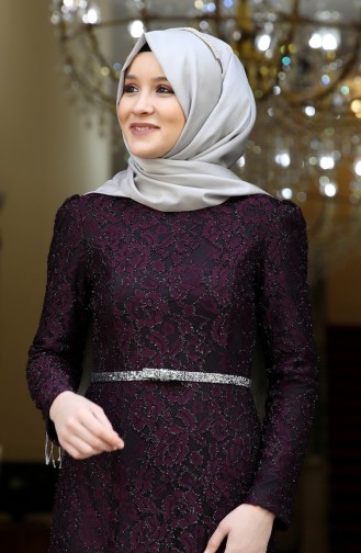 Purple Hijab Evening Dress 3206-04