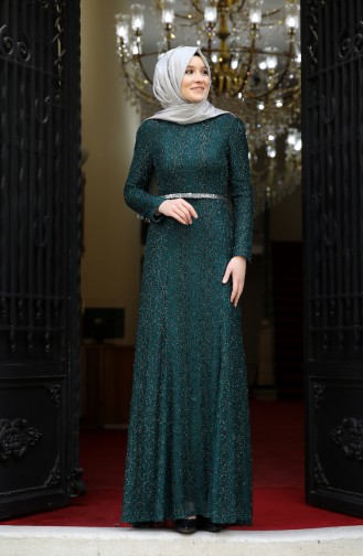 فستان سهرة بتصميم حزام للخصر 3190-01 لون اخضر زمردي 3190-01