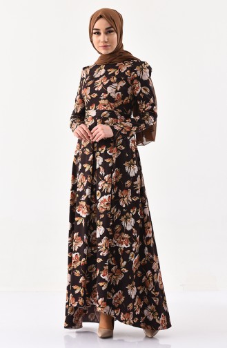 زين فستان مُطبع بتصميم حزام للخصر 0222-01 لون بني 0222-01