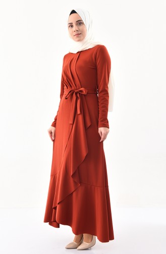Volanlı Kuşaklı Elbise 4064-09 Kiremit