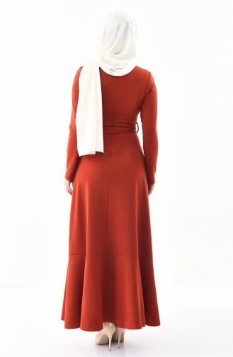 Volanlı Kuşaklı Elbise 4064-09 Kiremit