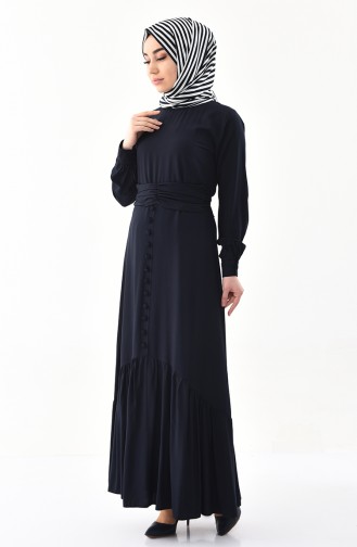 Button Detailed Belted Dress 2027-02 Navy 2027-02