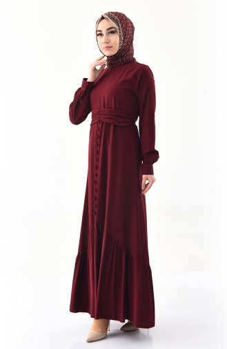 Button Detailed Belted Dress 2027-04 Bordeaux 2027-04