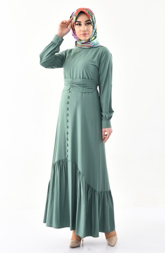 Button Detailed Belted Dress 2027-07 Green 2027-07