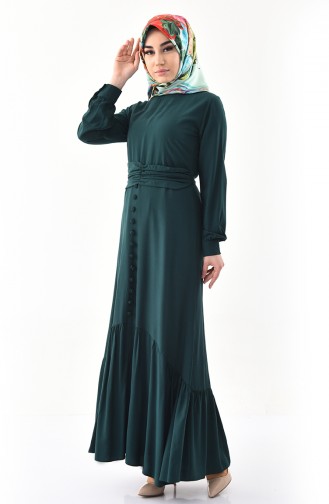 Button Detailed Belted Dress 2027-08 Emerald Green 2027-08