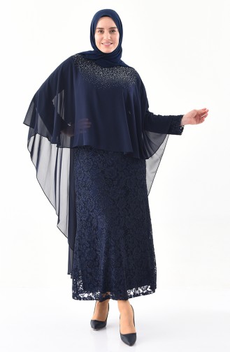 Robe de Soirée Pierre Imprimée Grande Taille 4022-01 Bleu Marine 4022-01