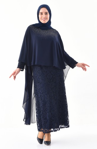 Robe de Soirée Pierre Imprimée Grande Taille 4022-01 Bleu Marine 4022-01