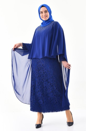 Robe de Soirée Pierre Imprimée Grande Taille 4022-03 Bleu Roi 4022-03