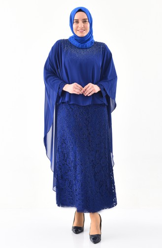 Robe de Soirée Pierre Imprimée Grande Taille 4022-03 Bleu Roi 4022-03