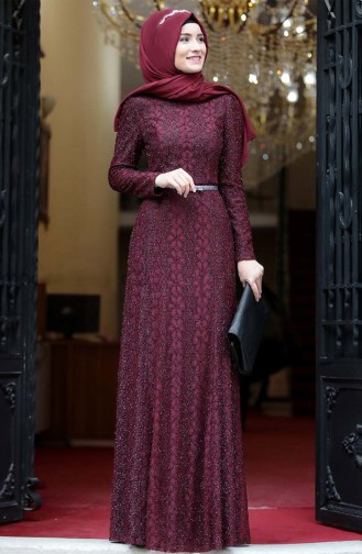 Kemerli Abiye Elbise 3190-06 Açık Mürdüm