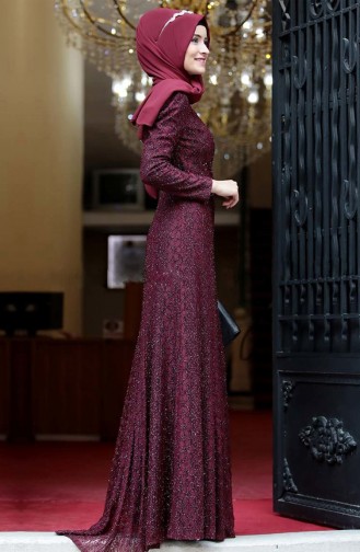 Kemerli Abiye Elbise 3190-06 Açık Mürdüm