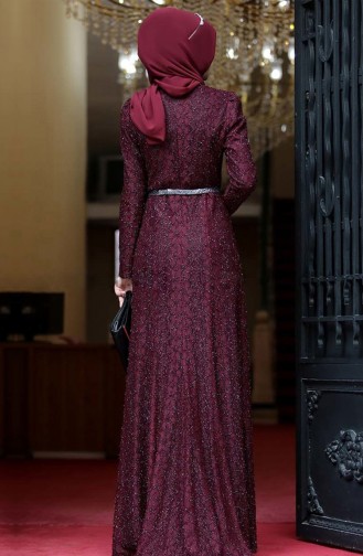Kemerli Abiye Elbise 3190-06 Açık Mürdüm