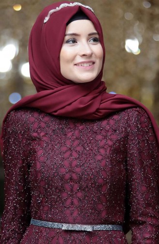 Kemerli Abiye Elbise 3190-06 Açık Mürdüm