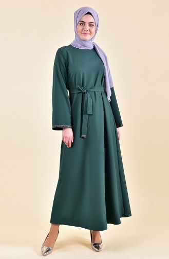 Taş Detaylı Kuşaklı Elbise 0887-01 Zümrüt Yeşili 0887-01