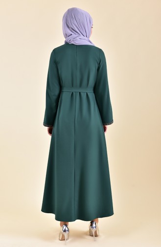Stone Detailed Belted Dress 0887-01 Emerald Green 0887-01