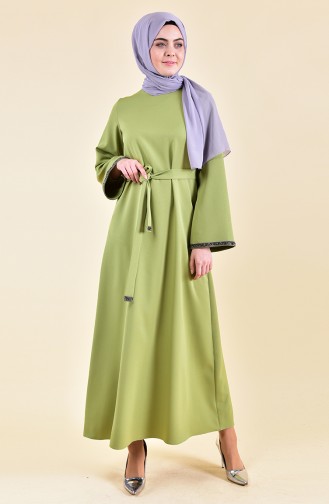 Taş Detaylı Kuşaklı Elbise 0887-03 Fıstık Yeşili