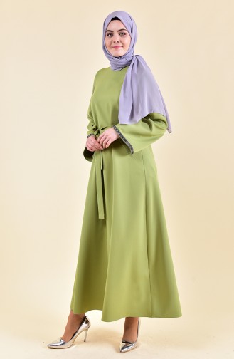 Taş Detaylı Kuşaklı Elbise 0887-03 Fıstık Yeşili