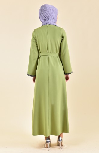 Stone Detailed Belted Dress 0887-03 Pistachio Green 0887-03